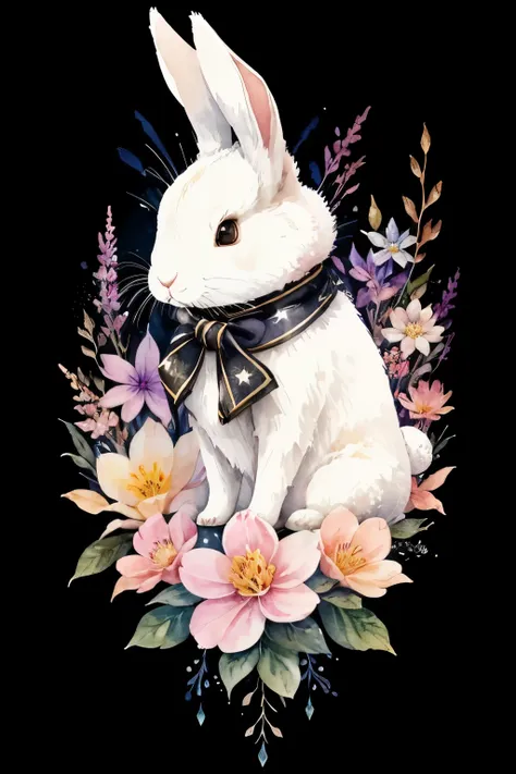 ((animal,watercolor painting,Rabbit,rabbit)),white,cute,adorable,色とりどりのflowerのアート ,頭にflowerかんむり,Wearing a ribbon around his neck,flower,front view, action shot, Bright colors, high detail, logo design, Neo-Traditional Tattoo Styles, 2D, planar vector, Char...