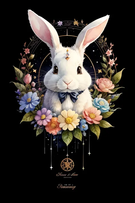 ((animal,watercolor painting,Rabbit,rabbit)),white,cute,adorable,colorful flower art ,wreath on head,Wearing a ribbon around his neck,front view, action shot, Bright colors, high detail, logo design, Neo-Traditional Tattoo Styles, 2D, planar vector, Charac...