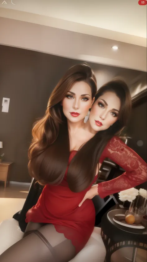 2 heads,Portrait of a 60 year old woman with brown hair, captivating gaze, brown eyes, wrinkles on her face, black pantyhose,She wears very sexy lingerie that reveals big saggy breasts, light makeup and red lips. 32K