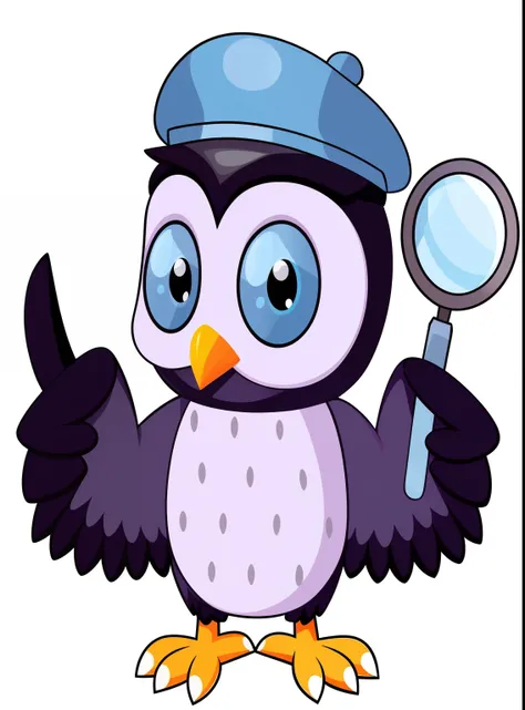 cartoon penguin with magnifying glass and hat holding magnifying glass, cute owl, clipart, hd illustration, smart, created in adobe illustrator, owl, magnifying glass, mystery and detective themed, an owl, owl wizard, looking for clues, detective, with a c...