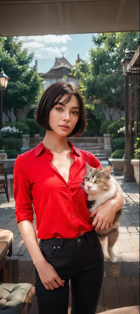 (Best quality, 8k, 32k, Masterpiece, UHD:1.2) "Create a captivating artwork featuring two Japanese girl models with short black hair styled in chic bob haircuts, dressed in red shirts and jeans. Infuse the scene with a romantic aesthetic, using soft and wa...