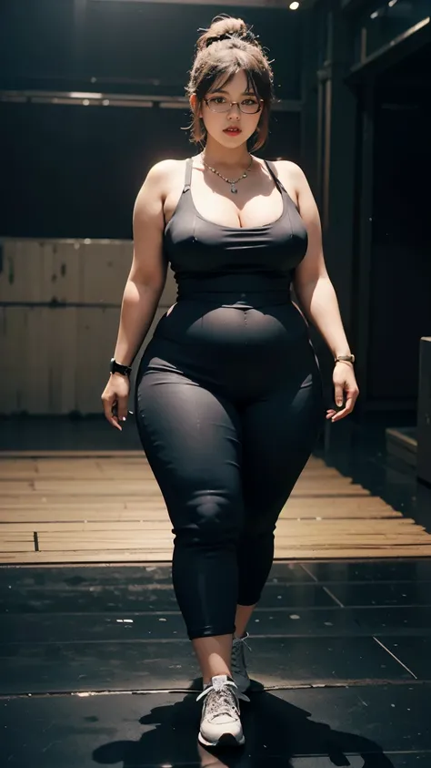 ((best quality)), ((masterpiece)), (detailed), perfect face, chubby woman, chubby face , chubby girl , widest hips , fat belly , thick neck ,, thicc , thick body , thick thighs , thick arm, small breasts but her body is a chubby, full body view, dark-black...