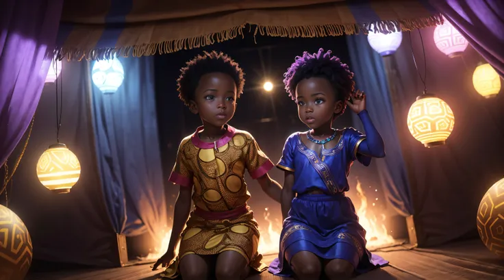 Wide angle shot of a Beautiful happy African babies dressed in African designed clothes, made of hides and leather, sitting in a neon lit  bouncing castle with African designs on it, bouncing castle full of African designed bouncing neon lit marble balls, ...