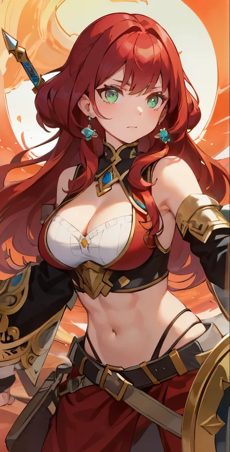 red hair, wave perm hair, bronze skin, female warrior of the desert, Abs, Silk costume, Scimitar sword in one hand, In the other hand is an ornate circular shield decorated with jewels., sharp eyes, High nose bridge, emerald eye color, red desert backgroun...