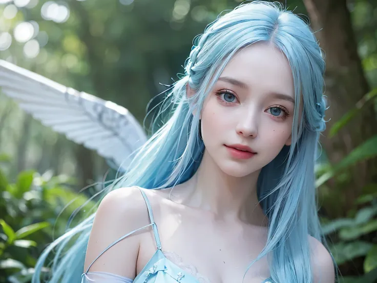 (best quality,masterpiece:1.2,high resolution, (realistic:1.4), RAW photography, 1girl, fairy girl,pale blue dress,pale blue hair, in the light， deep shadows, subtle key, cold lighting,two wings on each side,flying,smile,low exposure,forest,kindness,blurry...