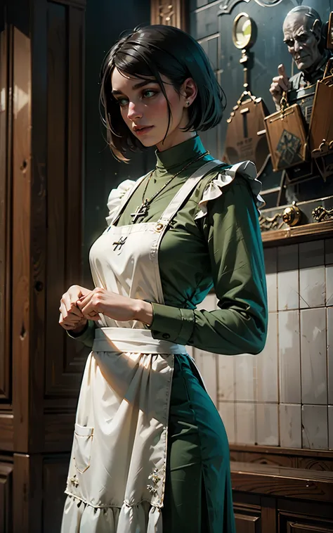 (Dua Lipa:Evangeline Lilly) waitress, ((white apron)), ((green shirt)), 1920 style, masterpiece, Lovecraft atmosphere, (pendant of a key), hyperdetailed, ((rule of thirds))