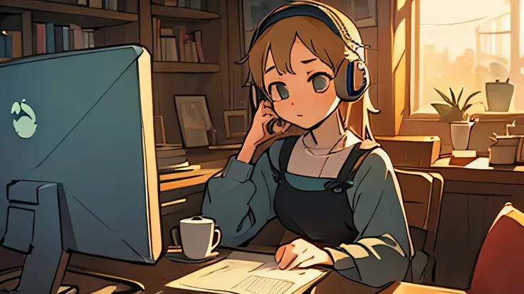 sit down , Computer equipment、 girl sitting、wear headphones、Ghibli style、Cafe-like atmosphere、There is a mug on the table.、Detail view、high quality、Enjoy music、Anime that goes well with jazz、enlightenment,Calm café、rain