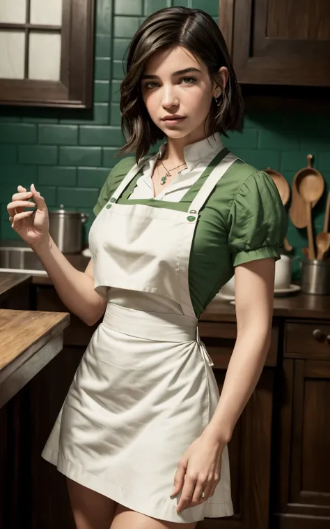 (Dua Lipa:Evangeline Lilly) waitress, ((white apron)), ((green shirt)), 1920 style, masterpiece, Lovecraft atmosphere, (pendant of a key), hyperdetailed, ((rule of thirds))