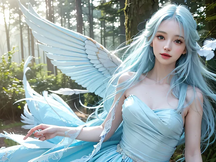 (highest quality,masterpiece:1.2,High resolution, (realistic:1.4), Raw photo, 1 Fairy Girl,Pale blue dress,pale blue hair, in the light, cold lighting,feather,flight,forest,kind,smile,Low exposure)