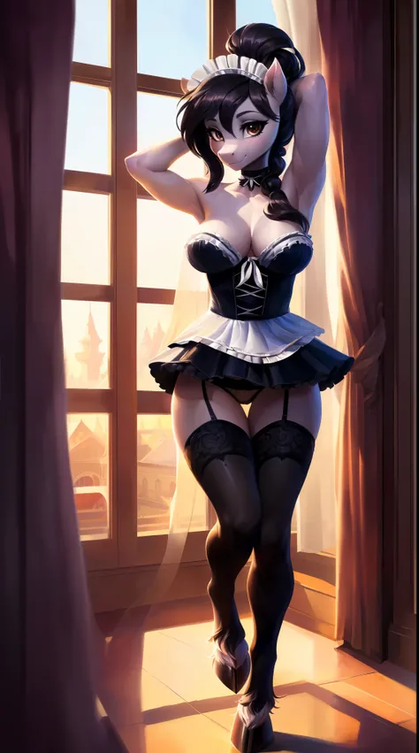 uploaded on e621, solo anthro, ((Portrait)), ((Wear a maiden outfit)), maid, maid uniform, frenchmaid, french, (White and black Underwear), (lacy stockings, adult pantyhose), (detailed Bonifasko lighting), (Detailed fur), (detailed skin), (Cinematic lighti...