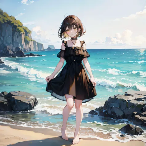 brown hair，Short hair details，Bangs，yellow eyes，Lovely，teenage girl，black dress，No shoes on your feet，standing on the beach，Happy and happy expression