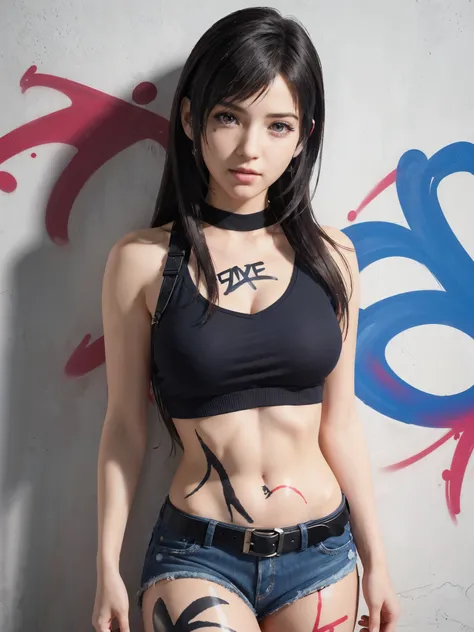 (top quality, masterpiece: 1.1), (Realistic: 1.3), wallpapers, BREAK (((FF7,Tifa_lockhart,solo))),Ultra-detailed face, Detailed eyes, Red eyes, (black brown hair, Large breasts: 1.0), BREAK (((FF7,Tifa_lockhart))),(graffiti:1.5), paint splatter, arms behin...