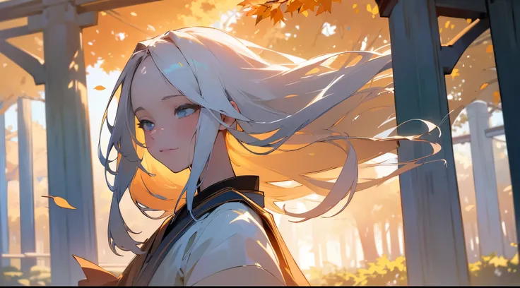 (best quality,highres,ultra-detailed,realistic,photorealistic:1.2), serene atmosphere, a girl with white hair, a blue sky, a torii gate, a large tree, falling leaves, dusk, autumn, light-filled, detailed depiction of the girls face and flowing hair, peacef...