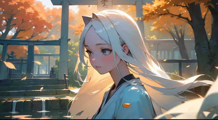 (best quality,highres,ultra-detailed,realistic,photorealistic:1.2), serene atmosphere, a girl with white hair, a blue sky, a torii gate, a large tree, falling leaves, dusk, autumn, light-filled, detailed depiction of the girls face and flowing hair, peacef...