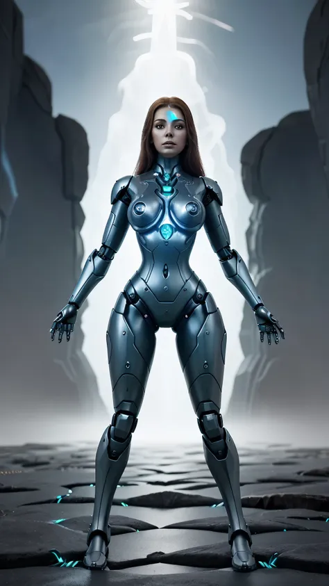 studio photo, beautiful robotic metal woman standing alone, strange fantasy image, odd glowing rocks, beautiful, detailed, long ...