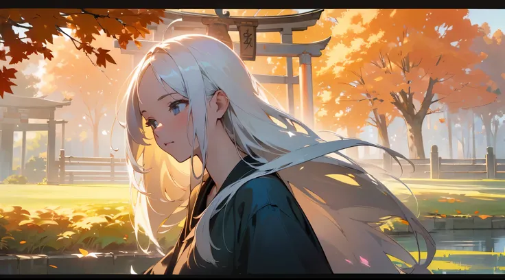 (best quality,highres,ultra-detailed,realistic,photorealistic:1.2), serene atmosphere, a girl with white hair, a blue sky, a torii gate, a large tree, falling leaves, dusk, autumn, light-filled, detailed depiction of the girls face and flowing hair, peacef...