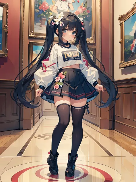 masterpiece top quality excellent high quality excellent,full body portrait, pretty crop top shirt skirt girl,Big eyes,plump lips,,, twin tails | flower hair ornament,knee high socks,art gallery