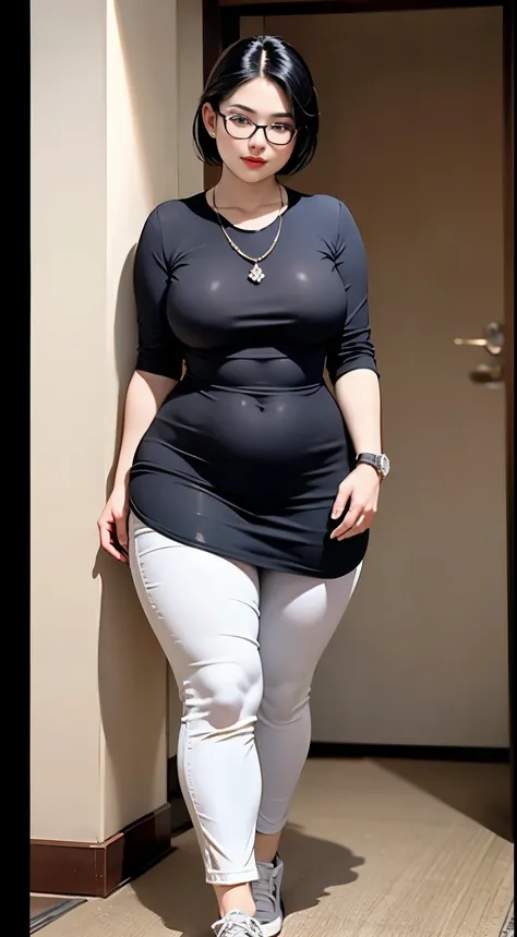 ((best quality)), ((masterpiece)), (detailed), perfect face, chubby woman, chubby face , chubby girl , widest hips , fat belly , thick neck ,, thicc , thick body , thick thighs , thick arm, small breasts but her body is a chubby, full body view, dark-black...