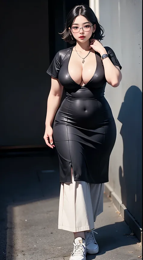 ((best quality)), ((masterpiece)), (detailed), perfect face, chubby woman, chubby face , chubby girl , widest hips , fat belly , thick neck ,, thicc , thick body , thick thighs , thick arm, small breasts but her body is a chubby, full body view, dark-black...