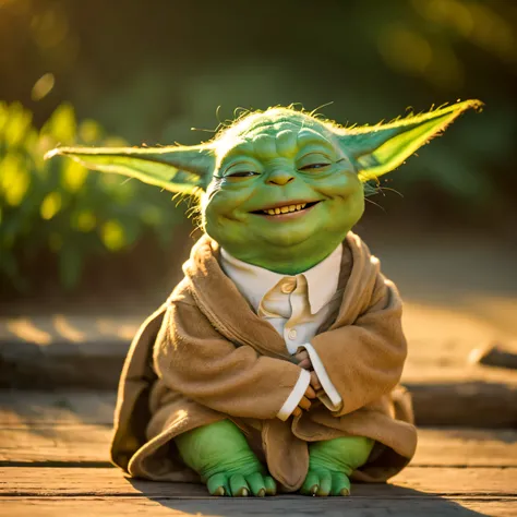 Here is the prompt translated into English:

style:
High resolution realistic composition of photos:
Positive Yoda Smiling Yoda Sitting Yoda Yoda with a cane Background:
natural forest sunset lighting:
soft warm colors:
Green Brown Yellow Details:
Yoda&#39...