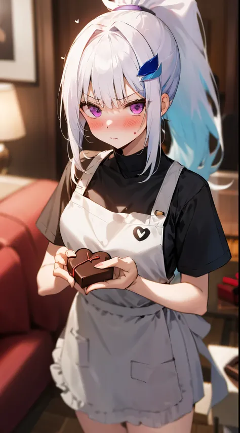 One girl with high ponytail hair, bangs, white hair, blue inner hair:1.25) , purple eyes, looking at viewer, blushing, embarrassed, serious expression, indoor, living room, t shirt, thigh, apron,  holding a gift, chocolate gift, love chocolate, valentine g...