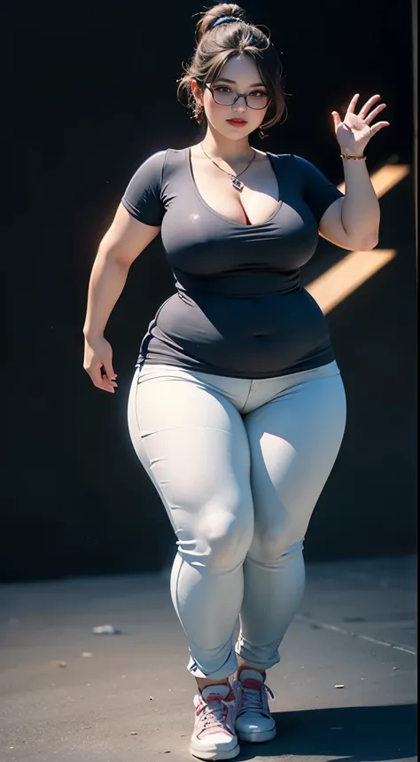 ((best quality)), ((masterpiece)), (detailed), perfect face, chubby woman, chubby face , chubby girl , widest hips , fat belly , thick neck ,, thicc , thick body , thick thighs , thick arm, small breasts but her body is a chubby, full body view, dark-black...