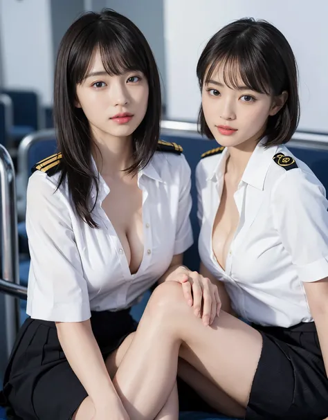 highest quality、masterpiece、Super high resolution、(Photoreal:1.4)、16k、RAW photo、((cabin attendant))、１people、stewardess、extraordinary beauty、full body esbian、plane、(((sexy costume))、((Reveal uniforms))、Very heavy chest、cleavage、short cut hairstyle 、japanese...