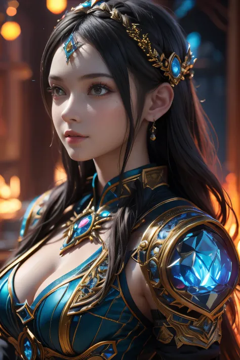 Game art，The best picture quality，Highest resolution，8K，(A bust photograph)，(Portrait)，(Head close-up:1.5)，(Rule of thirds)，Unreal Engine 5 rendering works， (The Girl of the Future)，(Female Warrior)， 
20岁少女，((Hunter))，An eye rich in detail，(Big breasts)，优雅...