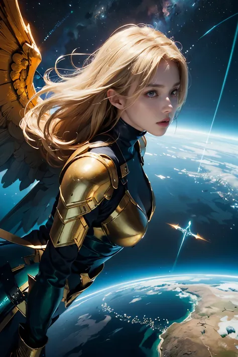 ((best quality),) ((ultra realistic)), ((detailed face)), ((masterpiece)), (perfect angel dagger), ((high-angle)), angel of doom flying over the blue-green earth, very big majestic wings, angel holding glowing a golden warrior dagger, blonde hair, harsh de...