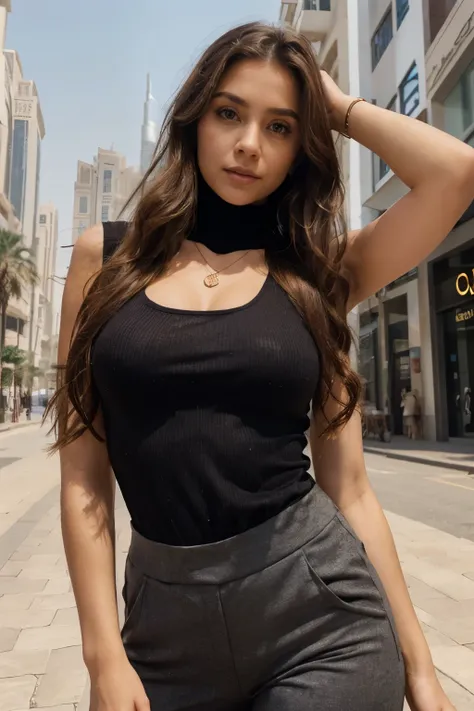 (masterpiece, best quality), beautiful woman, detailed sleeveless turtleneck top, pants, brown long hair woman, perfect body, necklace, wavy hair, perfect face, beautiful face, alluring, big gorgeous eyes, happy, (outdoor), city streets, dubai, bright colo...