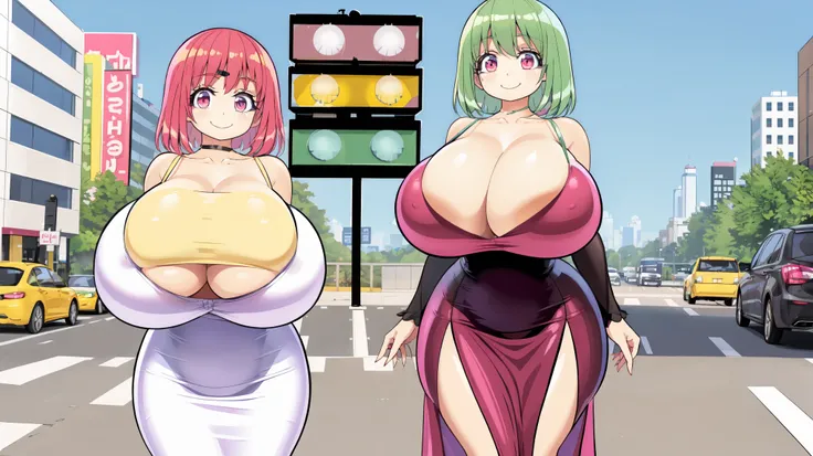 smile, Pencil_Dress, pink eyes, green hair, wide hips, gigantic breasts, cityscape, gigantic breasts, breasts out of dress, no bra, Pervertedly, shy, short green hair, stoplight, traffic, short height