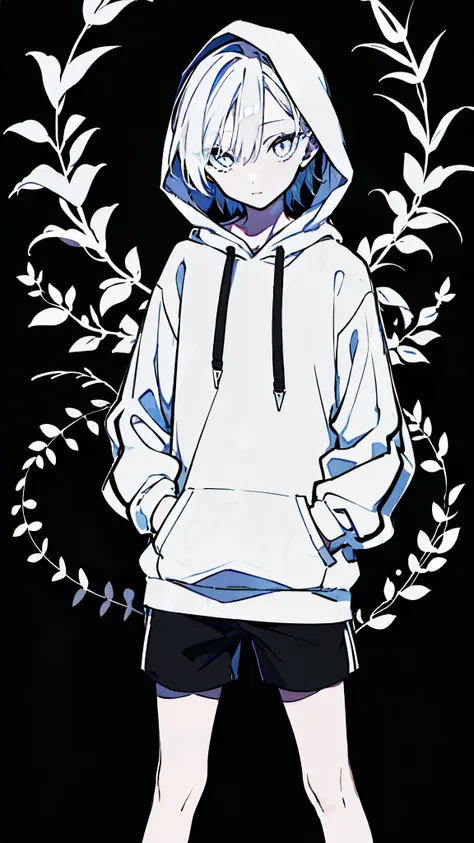 (masterpiece, highest quality:1.6), alone, thick outline, (simple background, light black background, monochrome, light black theme:1.2), official art, Key Visual, 8K, disorganized, whole body, (unique hair, oversized hoodie, hot pants, wearing a hood, arc...