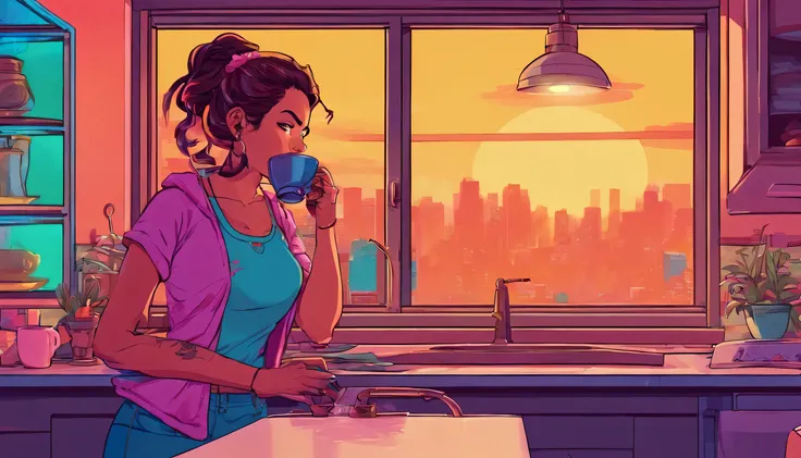 Lofi girl in kitchen, looking out of window near sink, steaming cup of tea in hand, night view