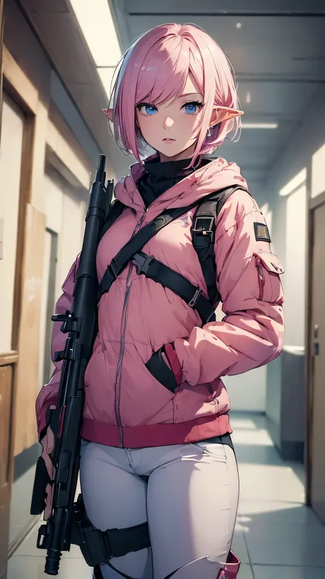 (masterpiece、Highest image quality, 4K, High resolution, Super detailed:1.5), pink bob short hair,long eared elf woman,Vivid eyes ,serious expression,look sideways,white ski wear,pants wear,indoor,A long sci-fi blue hallway,With a sniper rifle,cowboy shot