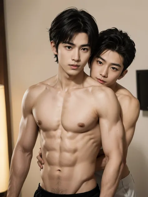 Two Japanese men, six pack, handsome, dark hair, 25 years old, nude, white skin, muscular, attractive, athletic, sexy, hugging, 