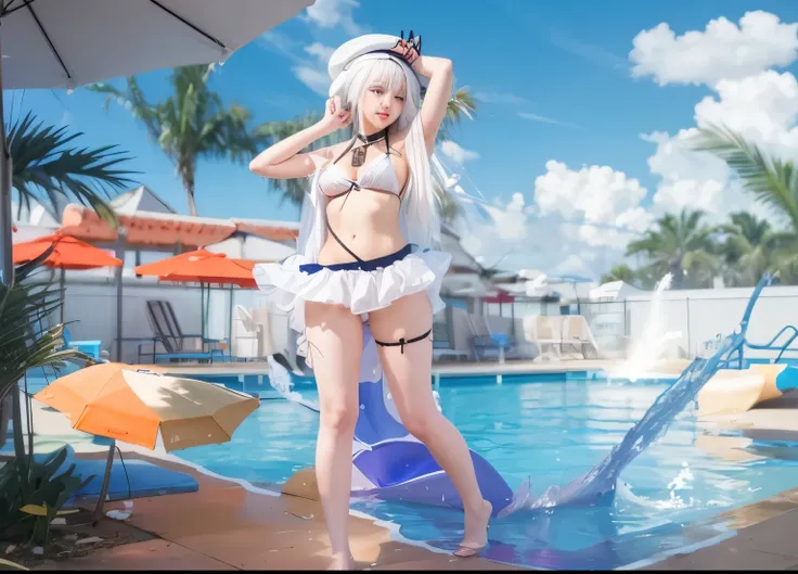 anime girl in a bikini and a hat standing by a pool, splash art anime , is wearing a swimsuit, trending on artstation pixiv, from girls frontline, azur lane style, white haired deity, kantai collection style, small curvy , anime visual of a cute girl, guwe...