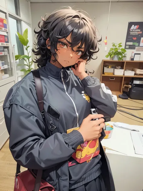 1girl, anime style, anime, anime girl, cute girl, dark skin, curly hair, black clothes, edgy, emo, looking annoyed, tsundere, on phone, jacket, perfect face, cutie, perfect hands, cute face, small breasts, high quality, hd, masterpiece