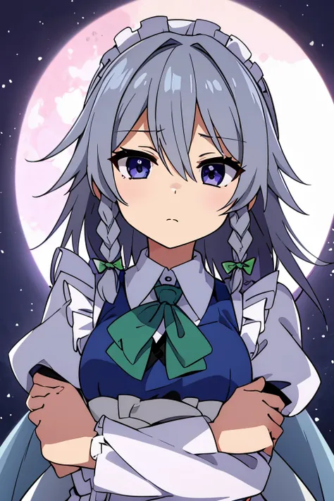 anime style、highest quality、1 girl、solo、（izayoi sakuya）、Highlights in the eyes、（Shade on the face）、gray hair、Indigo eyes、（straight face）、（Expressionless）
