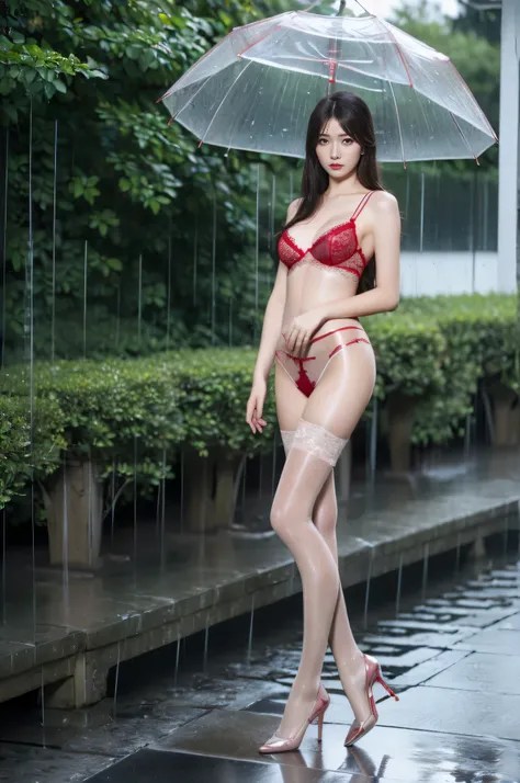 ((best quality, 8k, Red transparent lace lingerie, standing in the rain, , Highly detailed facial and skin textures, exquisite eyes, double eyelids.)color，High heel