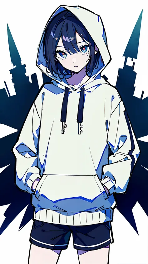 (masterpiece, highest quality:1.6), alone, thick outline, (simple background, bright white background, monochrome, bright white theme:1.2), official art, Key Visual, 8K, disorganized, whole body, (unique hair, oversized hoodie, hot pants, wearing a hood, a...