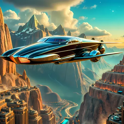 art deco style flying car, art deco style science fiction, background is vast mountain

(best quality,4k,8k,highres,masterpiece:...