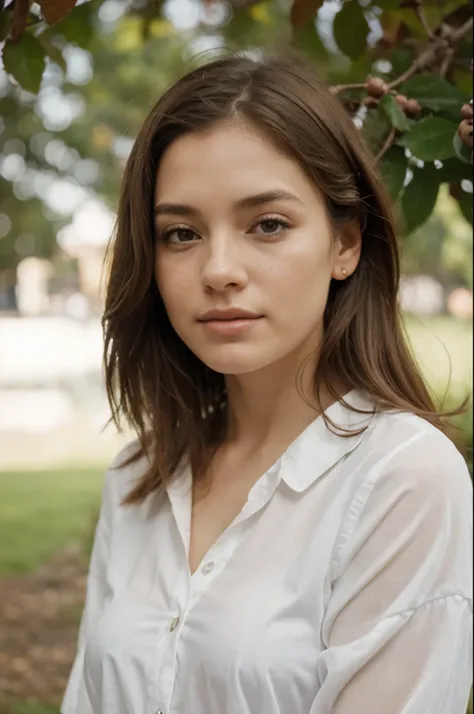 mujer, By the chestnut, con ondulaciones, con degrade, piel blanca, piel con detalles rojisos, hair with small wrinkles, piel con pecas, camisa blanca, mirando de frente,sonriendo, que se le vean los dientes
