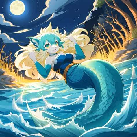 On a moonlit night, furry anthro, kemono, mermaid, a beautiful woman with bright shining scales on her skin dances gracefully on a white sandy beach Her beautiful face and brightly colored shining eyes The sea and the womans scales shining faintly in the m...