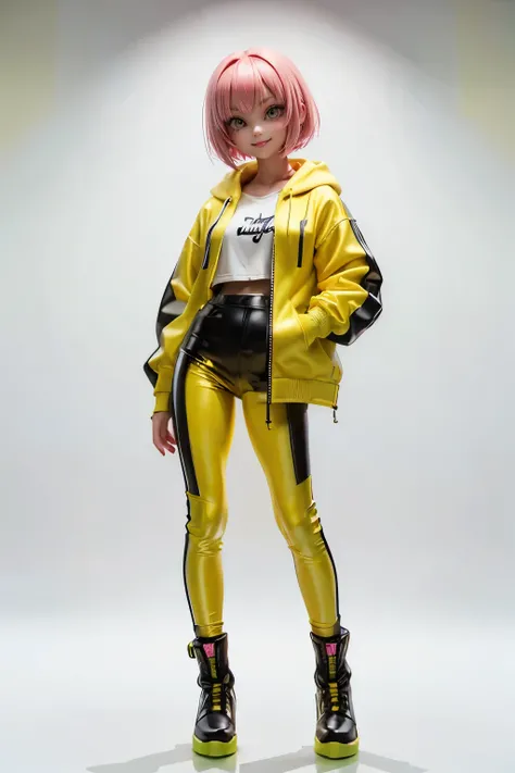 (1beautiful girl), (pink bob cut hair), 18 year old, joy, smile, (yellow and light green vinyl jacket), hoodie, futuristic cyberpunk style、black vinyl pants、pink vinyl boots、standing, (just the Front view), full body, concept art、((Simple white background)...