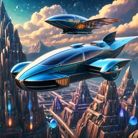 art deco style flying car, art deco style science fiction, background is vast mountain

(best quality,4k,8k,highres,masterpiece:...