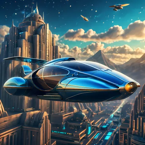 art deco style flying car, art deco style science fiction, background is vast mountain

(best quality,4k,8k,highres,masterpiece:...