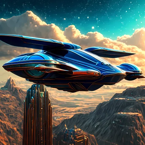 art deco style flying car, art deco style science fiction, background is vast mountain

(best quality,4k,8k,highres,masterpiece:...