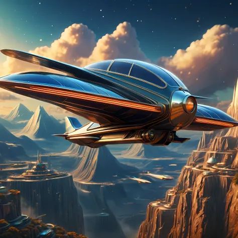 art deco style flying car, art deco style science fiction, background is vast mountain

(best quality,4k,8k,highres,masterpiece:...