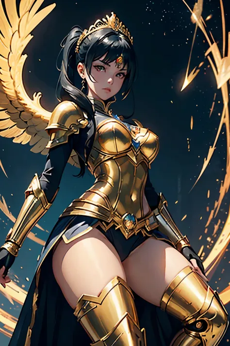 Photo of an anime Royal princess 30y girl with a robotic armor, in gold and white armor valorant art style, heavy armor gloves and boots, majestic simple tiara, pelvic curtain, short black hair in twintails, looking at viewer, head tilt, midriff, symmetric...