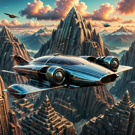 art deco style flying car, art deco style science fiction, background is vast mountain

(best quality,4k,8k,highres,masterpiece:...